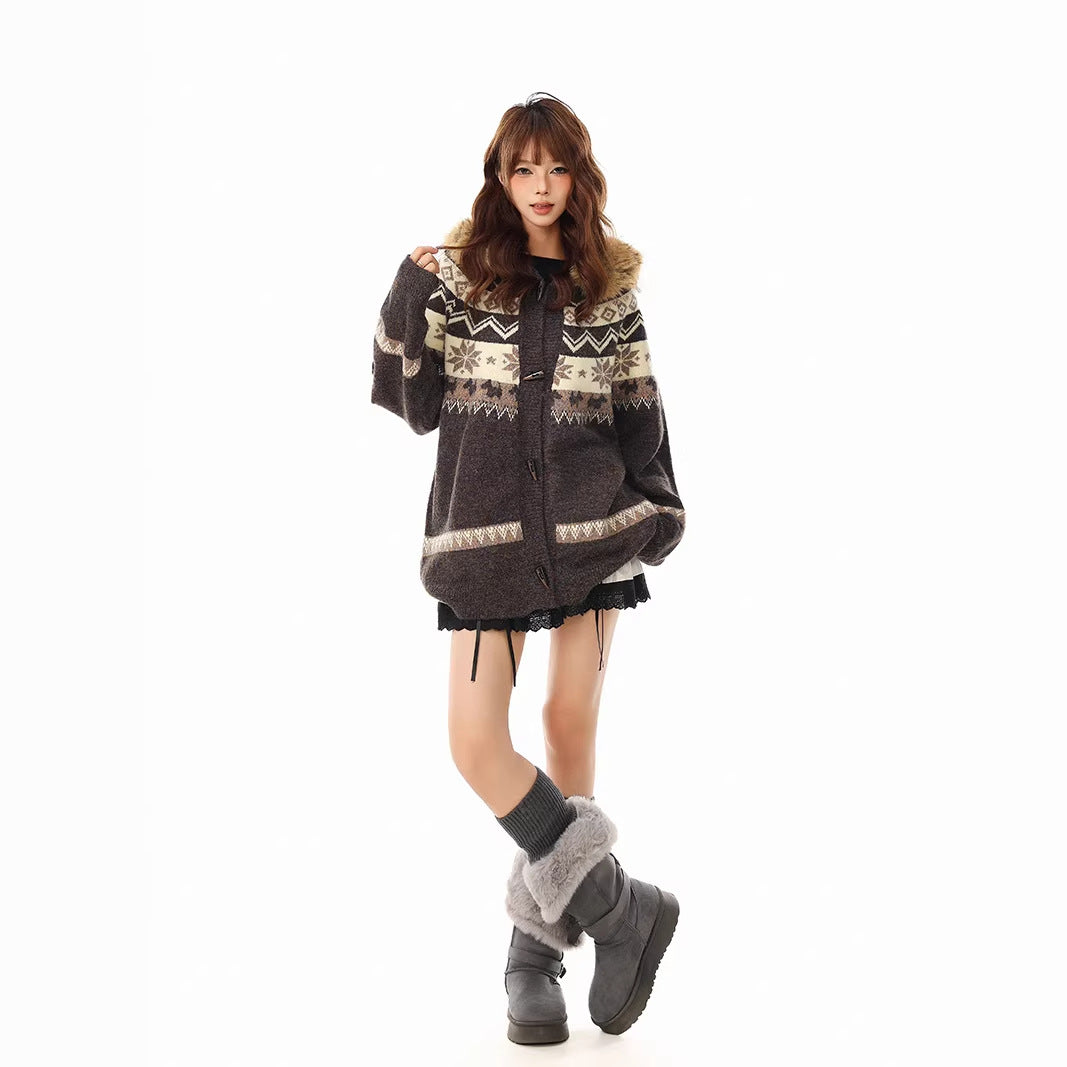 Fur Collar Hooded Knit Cardigan  Loose Fit Casual Sweater Coat