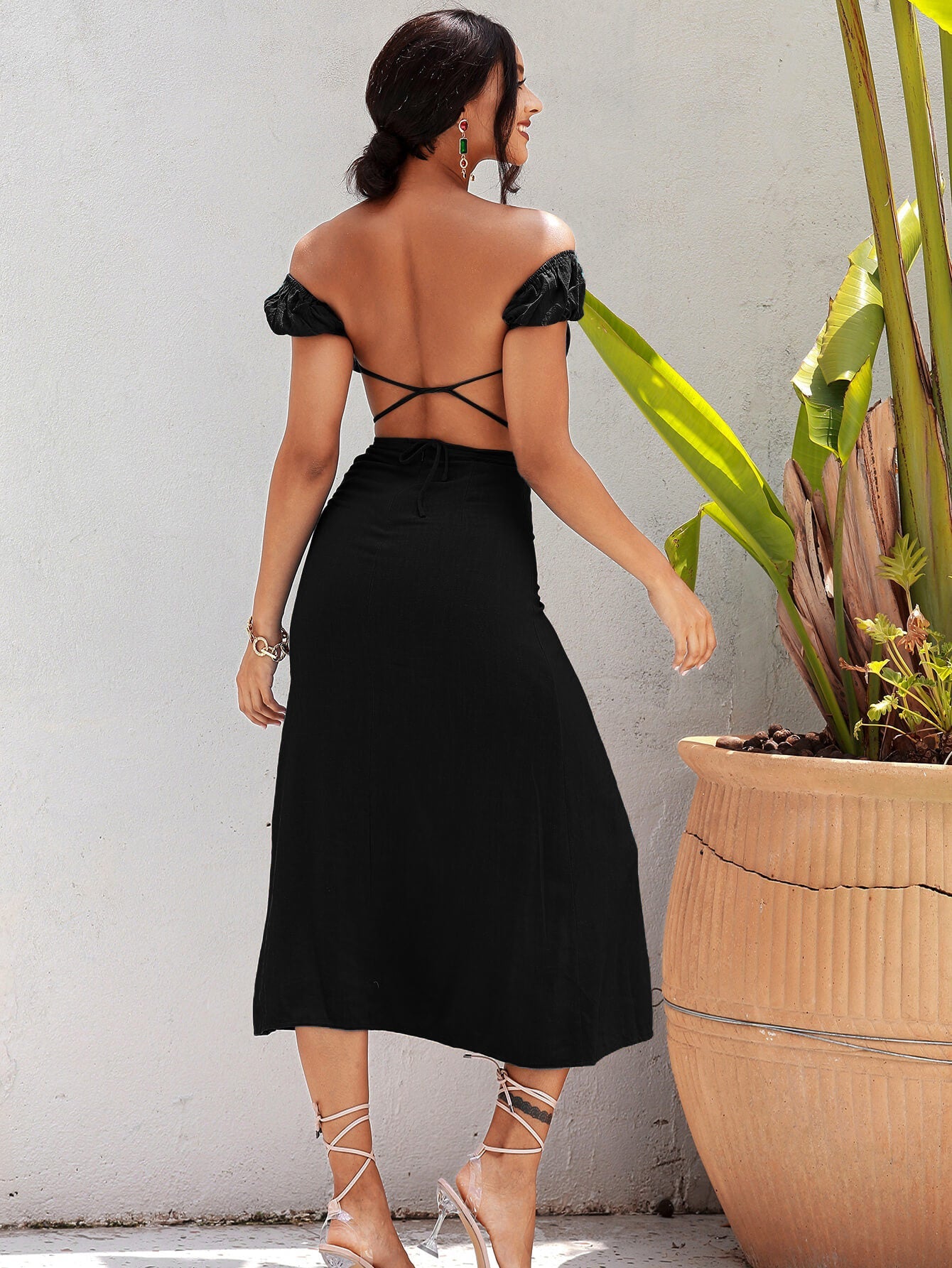 Cutout Deep V Split Midi Dress